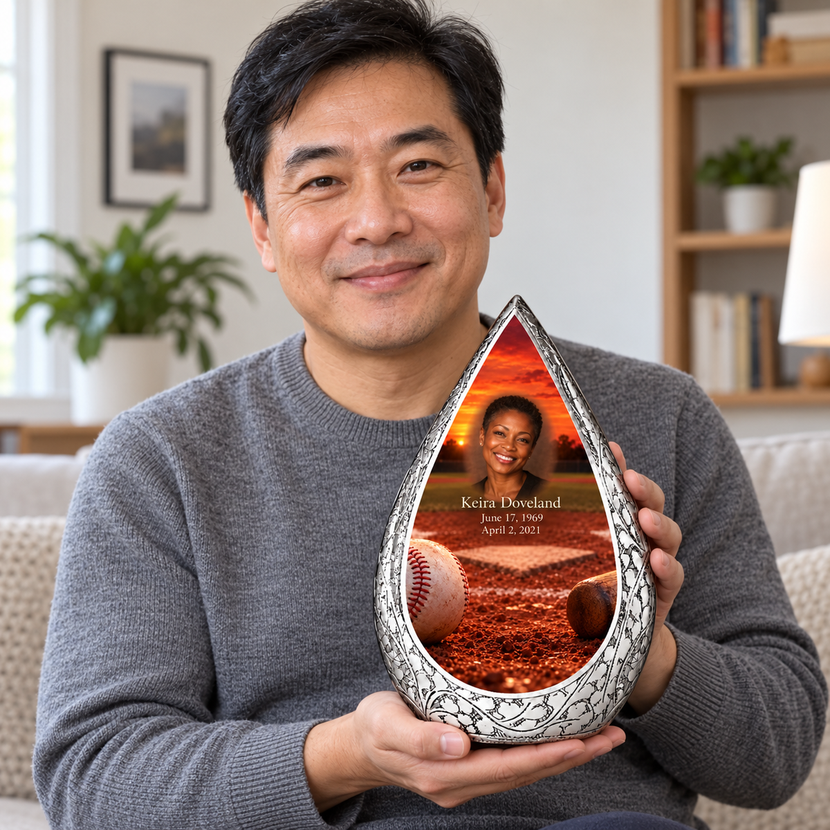 An adult holding the Straight Drop baseball memorial urn, with its personalized artwork visible.