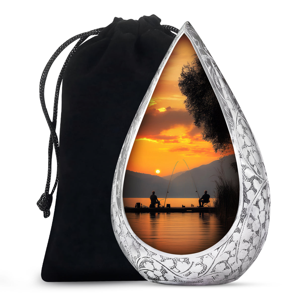 Fishing Buddy Memorial Cremation Urn - Handmade Golden Sunset Lake Urn For Human Ashes