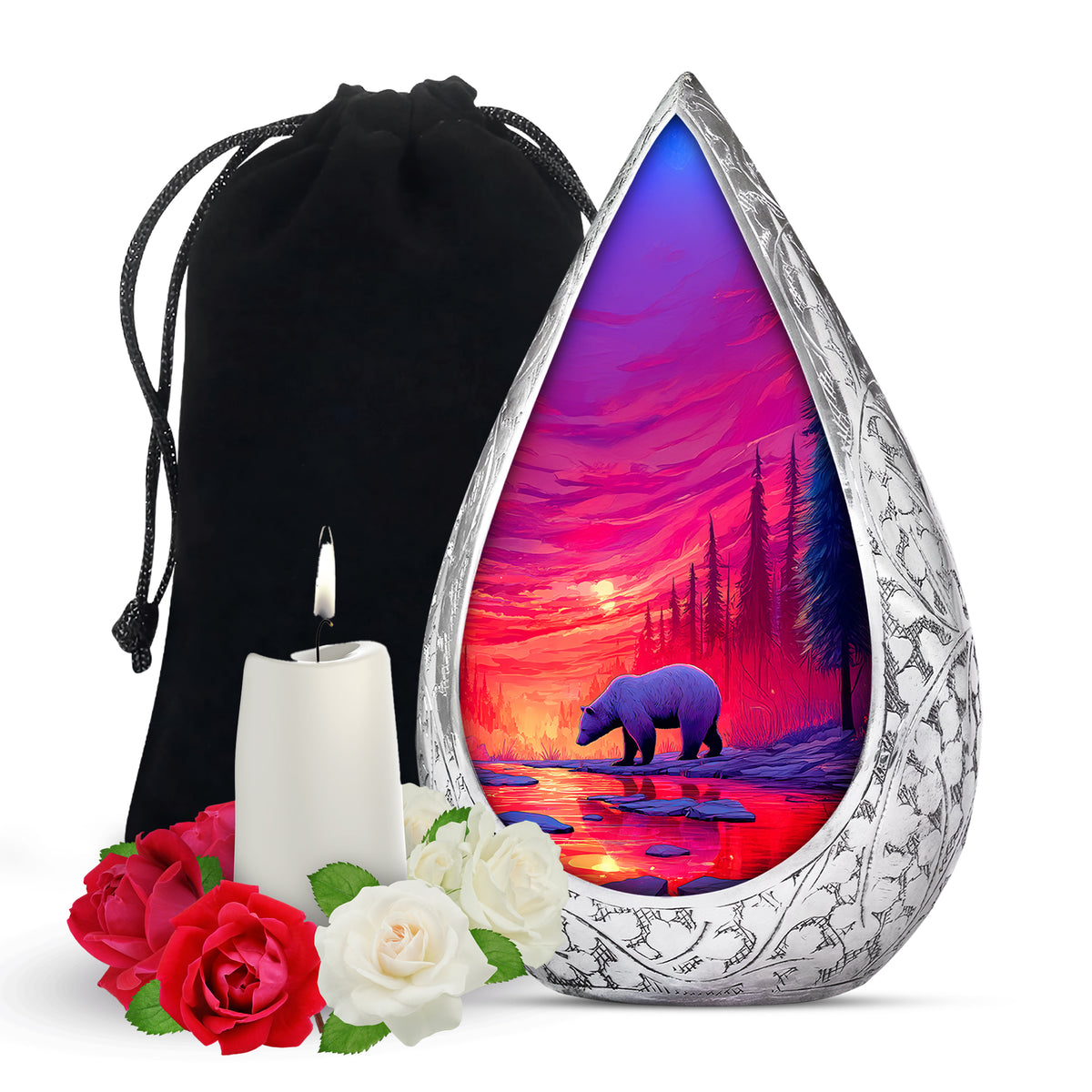 Red Sunset Bear Cremation Urn - Forest Landscape Urn For Loved Ones