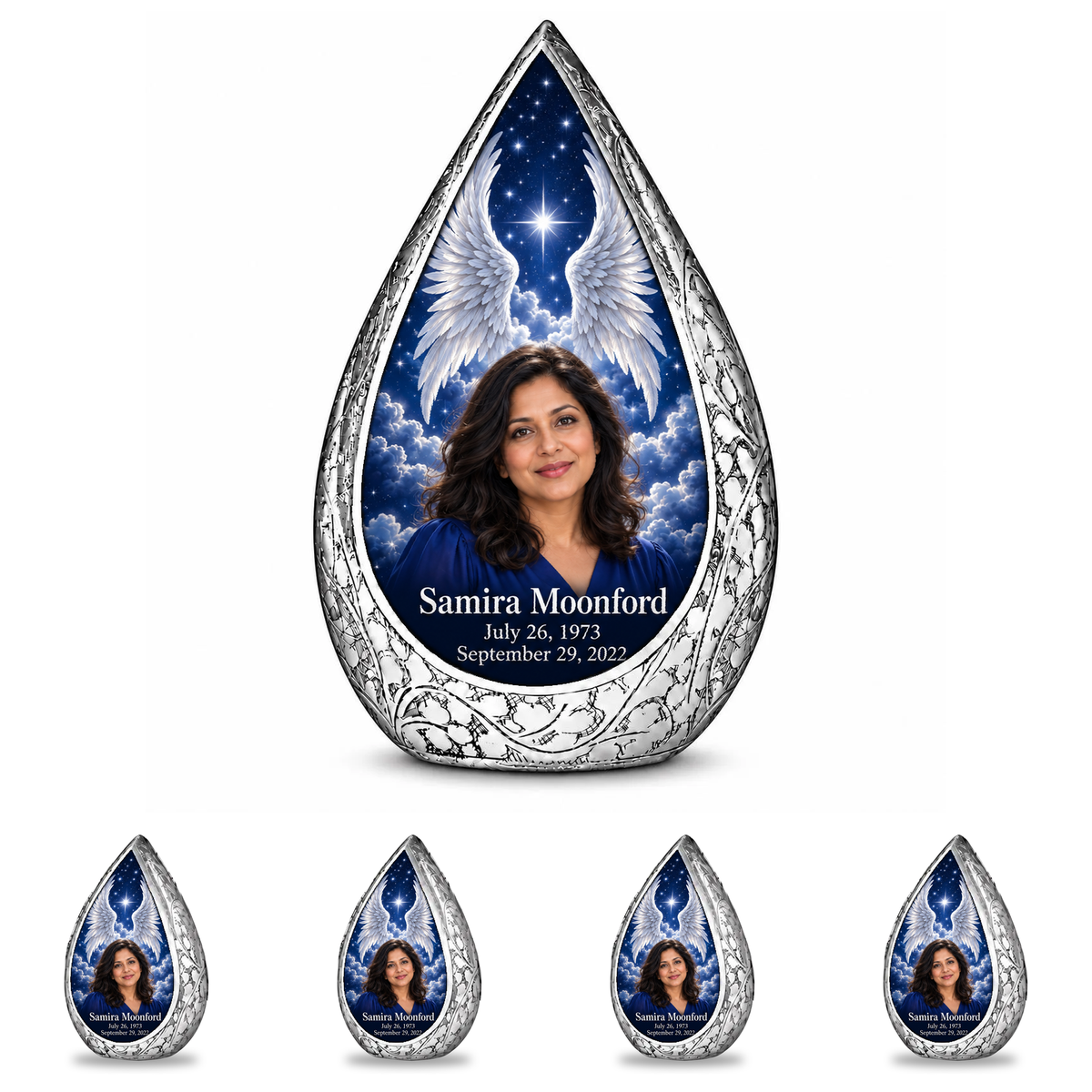 10 inch large Urn with 4 Keepsake 3 Inch Urns, Straight Drop memorial urn with silver angel wings, sapphire night and Samira Moonford portrait.