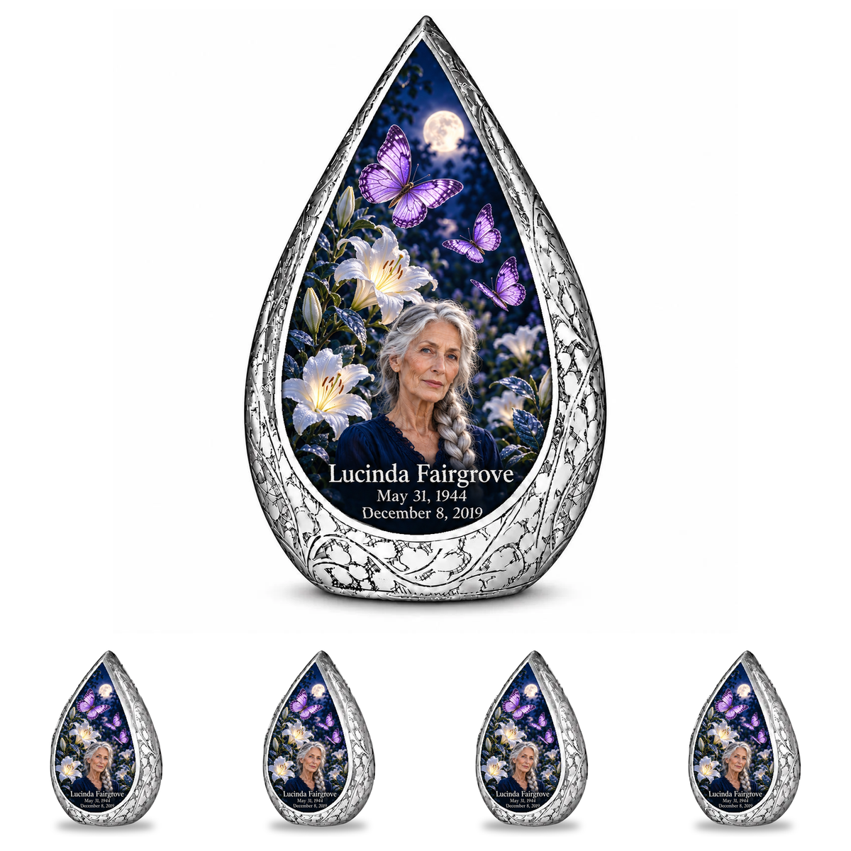 10 inch large Urn with 4 Keepsake 3 Inch Urns, Straight Drop urn with purple butterflies and moonlit white lilies, Lucinda Fairgrove portrait, May 31, 1944 to December 8, 2019.