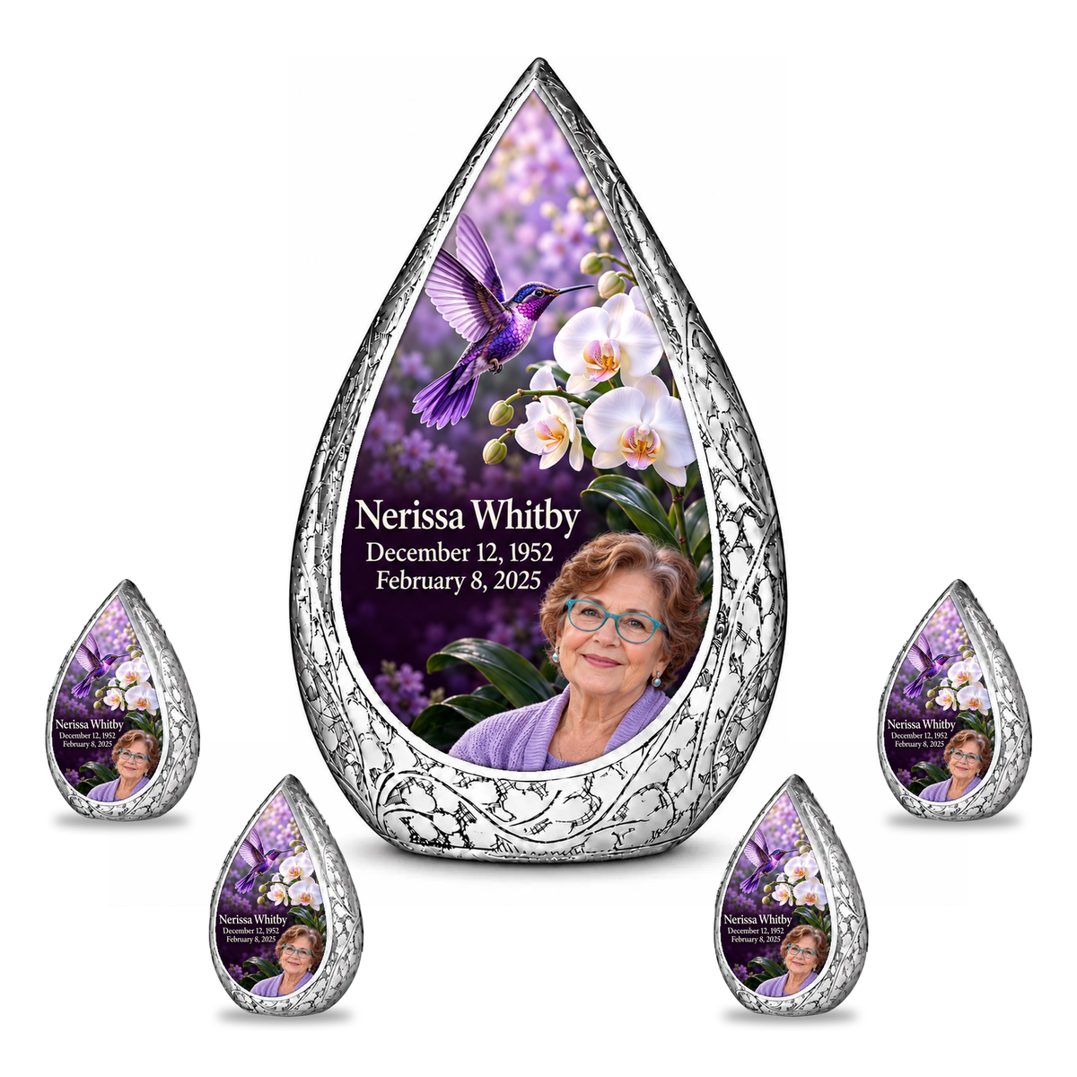 Large silver Straight Drop urn with four matching keepsakes, violet hummingbird and white orchids, Nerissa Whitby portrait, name and full dates on every piece.