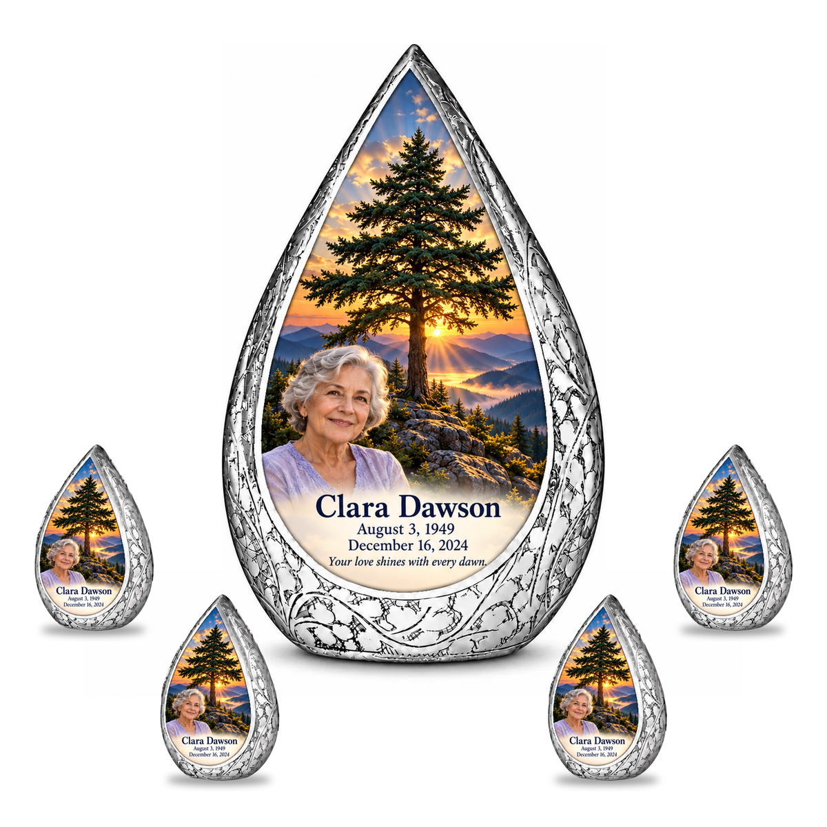 Straight Drop Tree of Life urn, 10 inch large Urn with 4 Keepsake 3 Inch Urns, mountain cedar and sunrise artwork with fictional example portrait and full dates