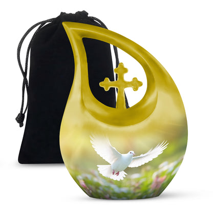 Peaceful White Dove Cremation Urn - Golden Memorial Urn For Human Ashes