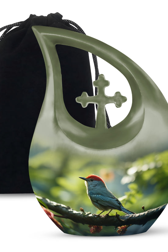 Green Sparrow Bird Memorial Urn - Large Funeral Urn For Human Ashes