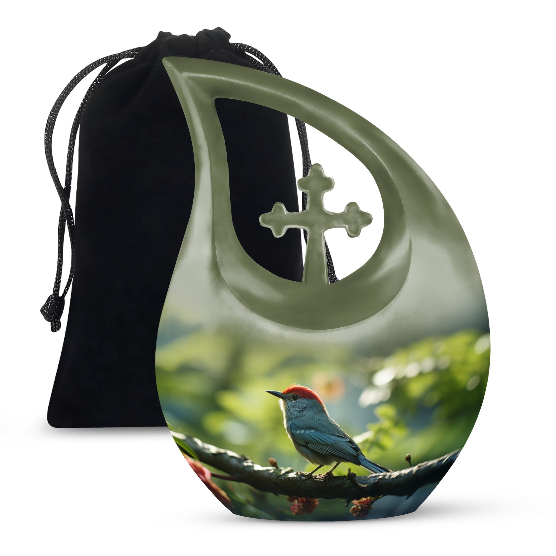 Green Sparrow Bird Memorial Urn - Large Funeral Urn For Human Ashes