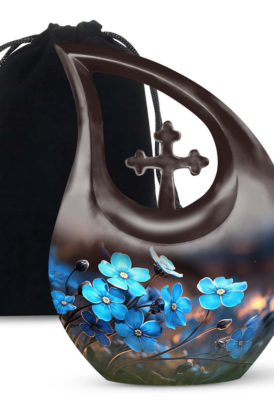 Blue Flower Large Cremation Urn - Memorial Urn For Adult Ashes
