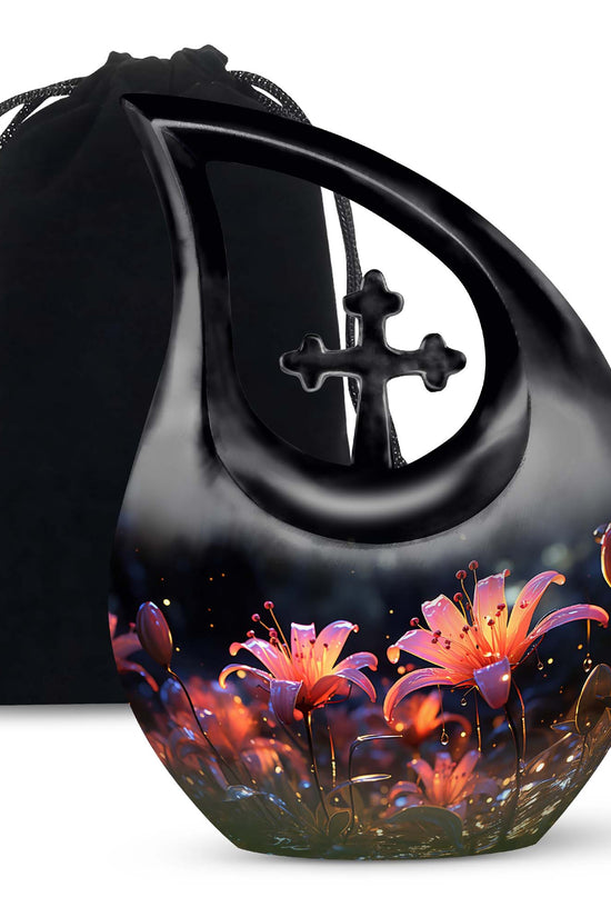 White Lily Cremation Aluminum Urn - Large Funeral Urn For Ashes