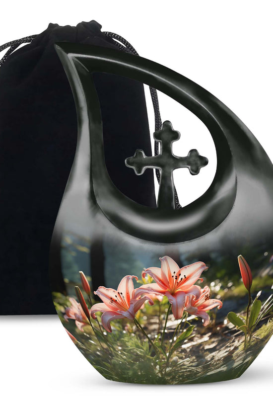 Pink Lily Aluminium Urn For Ashes - Large Floral Memorial Urn