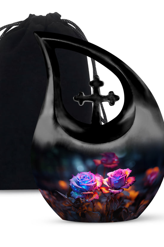 Midnight Rose Funeral Urn - Unique Flower Theme Memorial Urn For Ashes