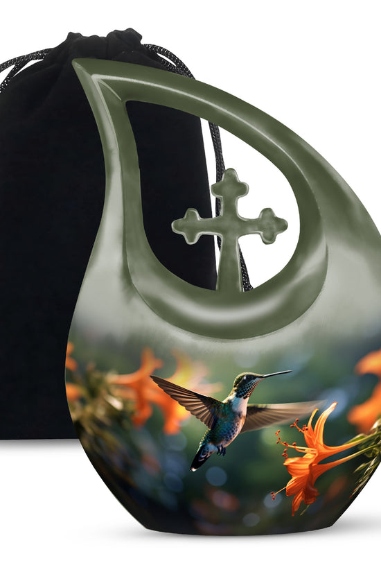 Floral Hummingbird Memorial Urn - Aluminium Cremation Urn For Adult Ashes