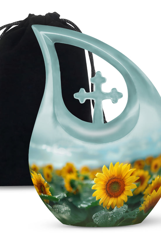 Sunflower Garden Funeral Urn - Blue Aluminum Urn For Adult Ashes