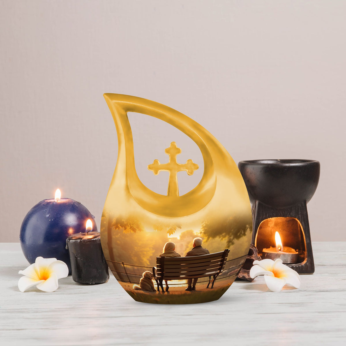 Old Couple Sitting On A Bench Urns For Ashes - Large Adult Urn