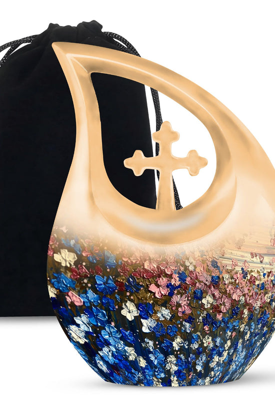Pink & Blue Floral Funeral Urn - Artistic Memorial Urn For Human Ashes