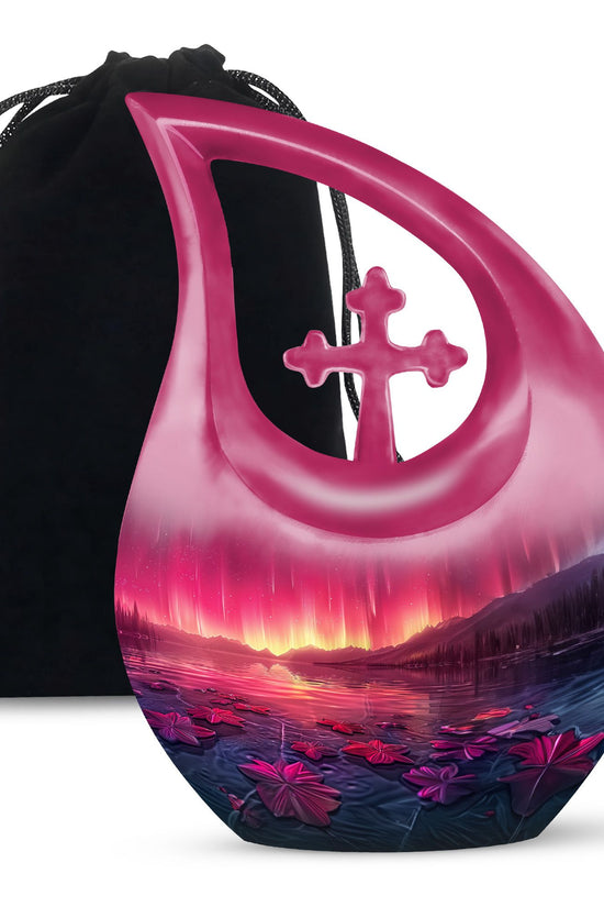 Pink Aurora Borealis Memorial Urn - Floral Lake Cremation Urn For Ashes