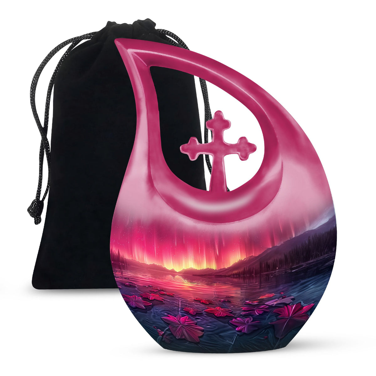Pink Aurora Borealis Memorial Urn - Floral Lake Cremation Urn For Ashes