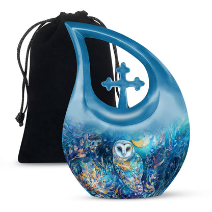 Blue Nature Memorial Owl Urn - Unique Aluminium Funeral Urn For Human Ashes