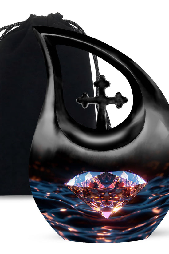 Glowing Diamond Memorial Urn - Black Aluminium Funeral For Ashes