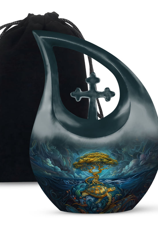 Sea Turtle Tree Cremation Urn - Blue Aluminium Memorial Urn For Loved Ones