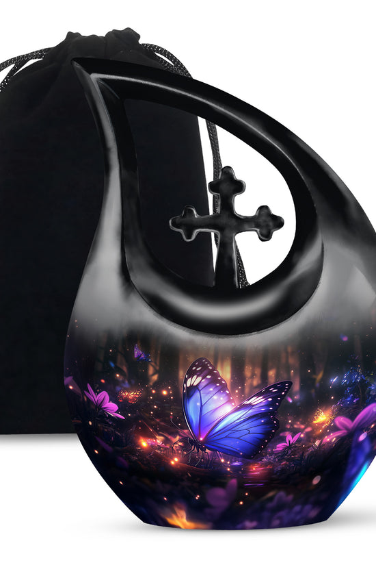Blue Majestic Butterfly Memorial Urn - Mystical Forest Funeral Urn