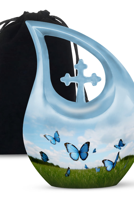 Blue Butterflies Memorial Urn - Large Decorative Urn For Human Ashes