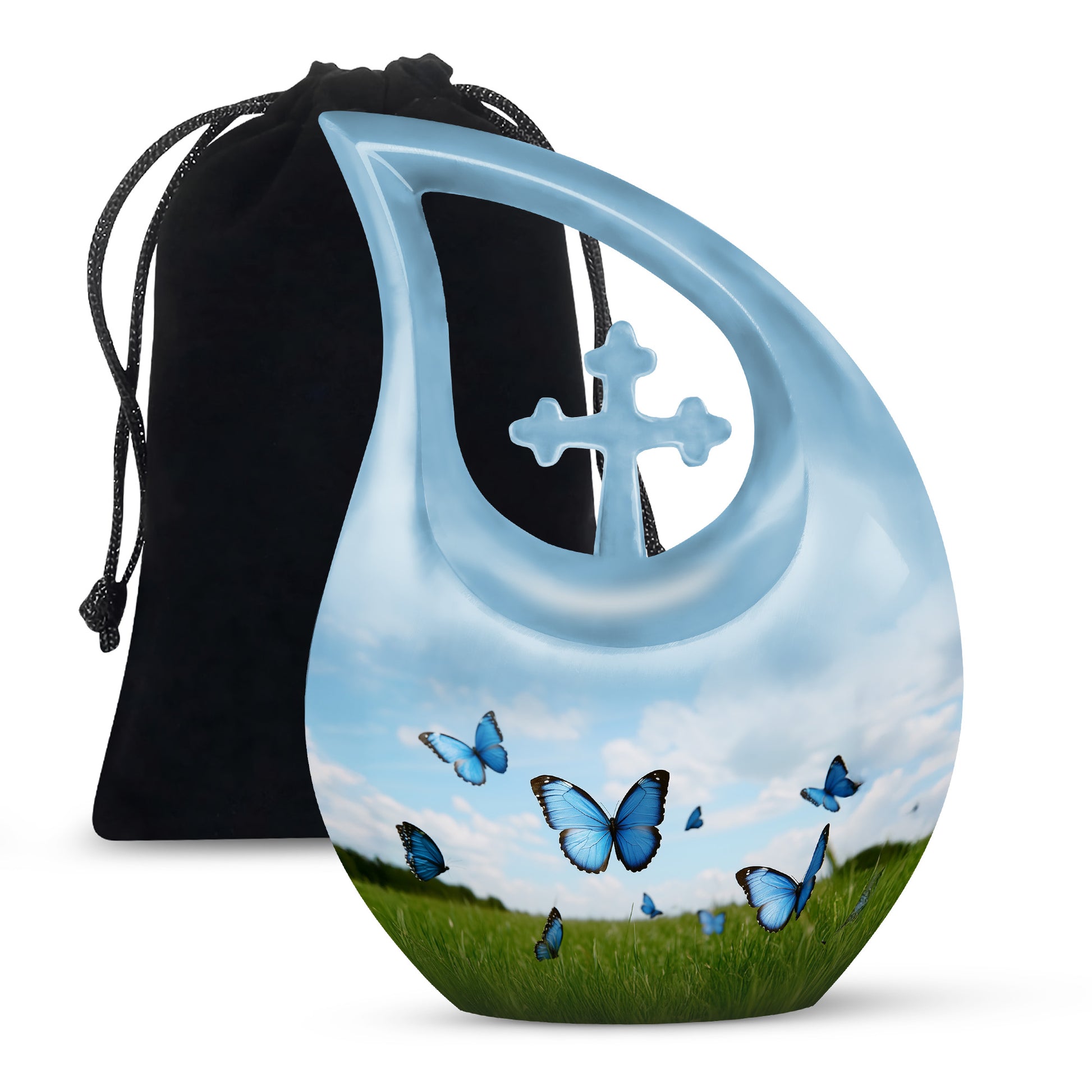 Blue Butterflies Memorial Urn - Large Decorative Urn For Human Ashes