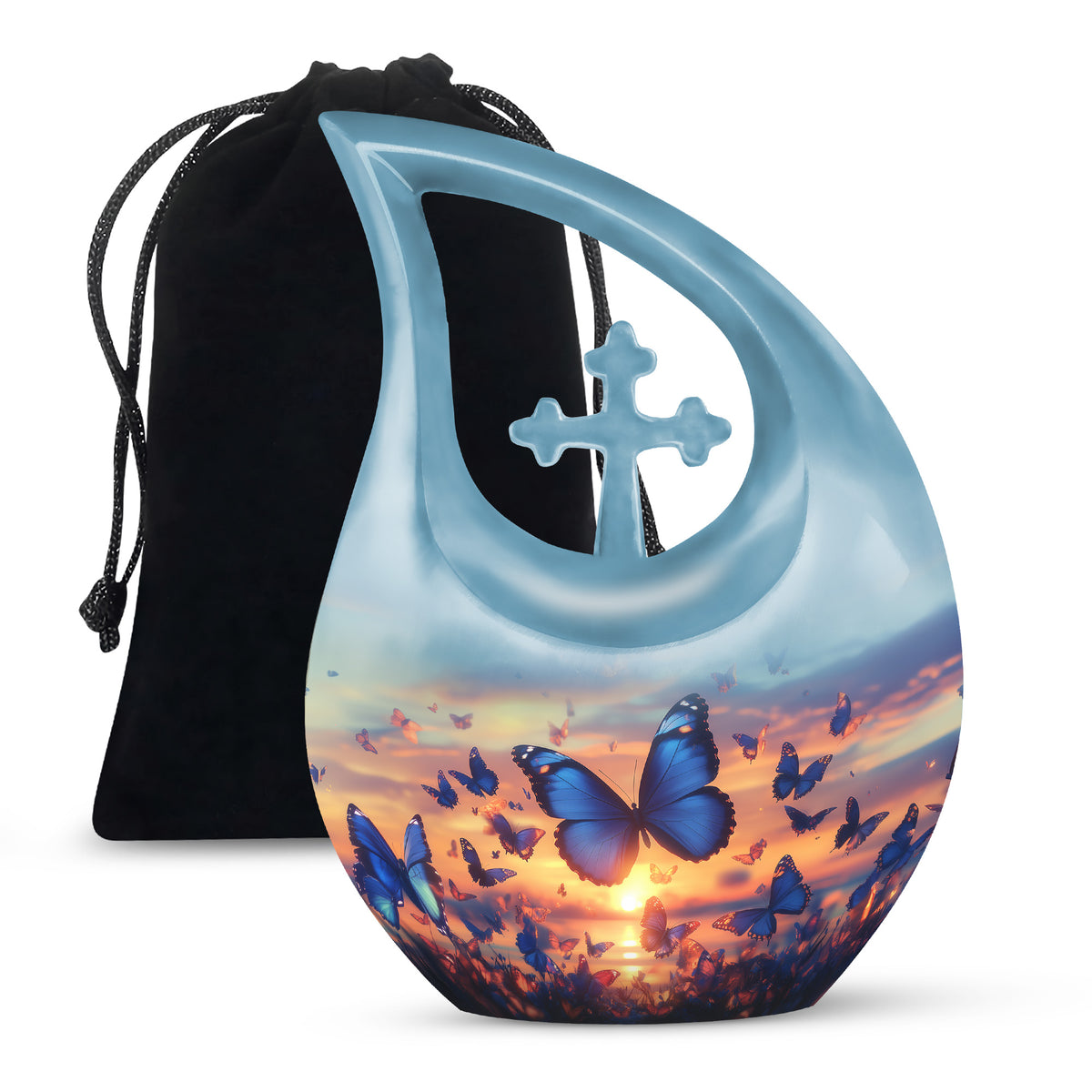 Blue Butterflies Memorial Urn - Sunset Cremation Urn For Women