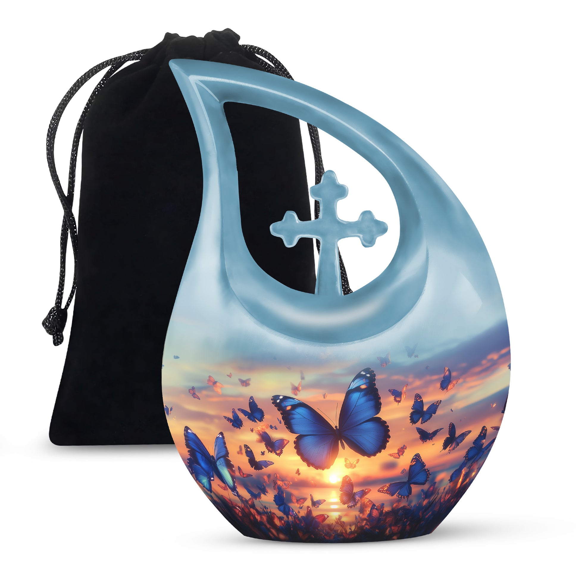 Blue Butterflies Memorial Urn - Sunset Cremation Urn For Women