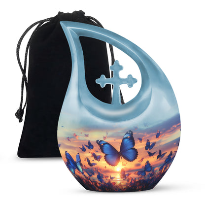 Blue Butterflies Memorial Urn - Sunset Cremation Urn For Women