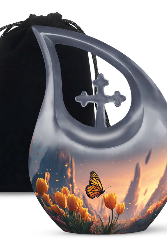 Orange Monarch Butterfly Ashes Urn - Yellow Tulip Cremation Urn