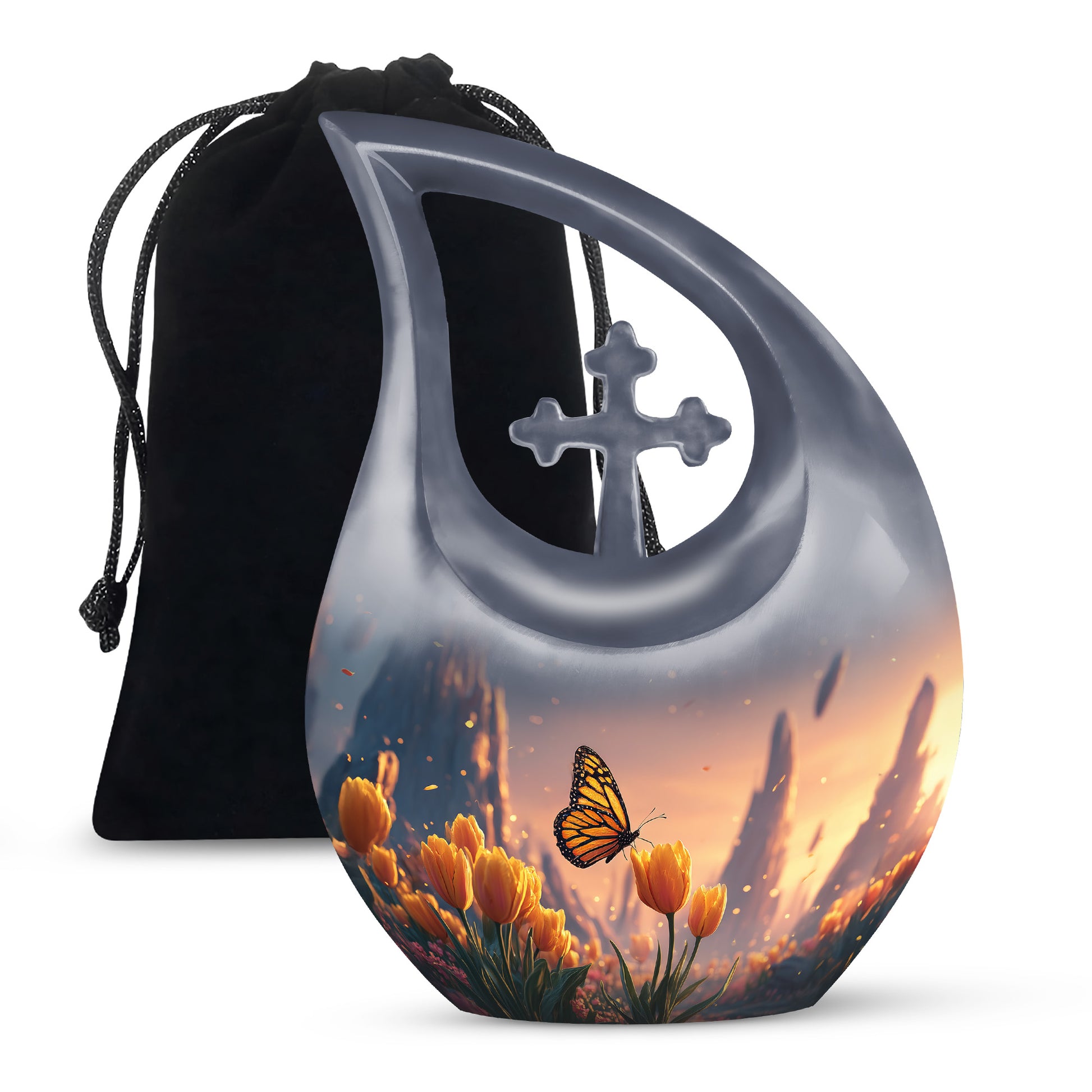 Orange Monarch Butterfly Ashes Urn - Yellow Tulip Cremation Urn