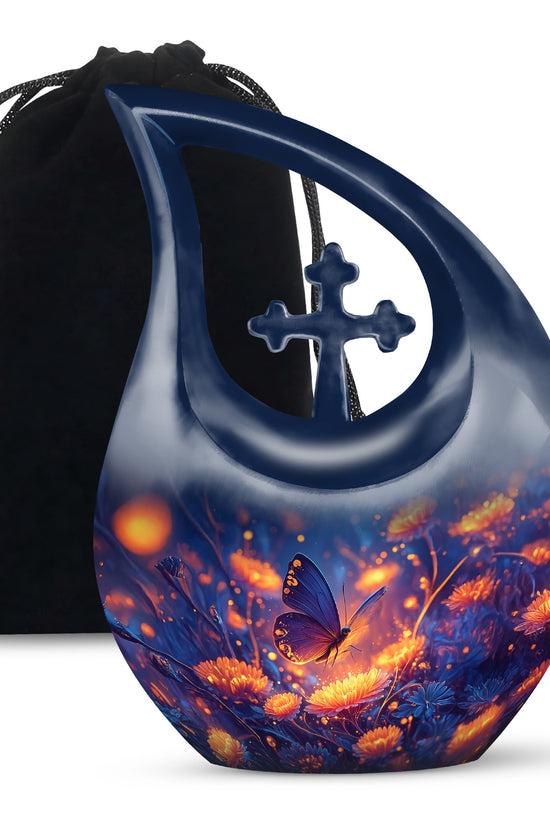Glowing Butterfly Cremation Urn for Ashes - Blue Floral Memorial Urn