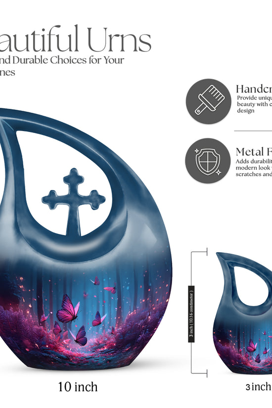 Sky Blue Butterfly Cremation Urn back view with polished surface - cross and butterfly combined in spiritual memorial design - mini keepsake memorial for portion of cremation ashes