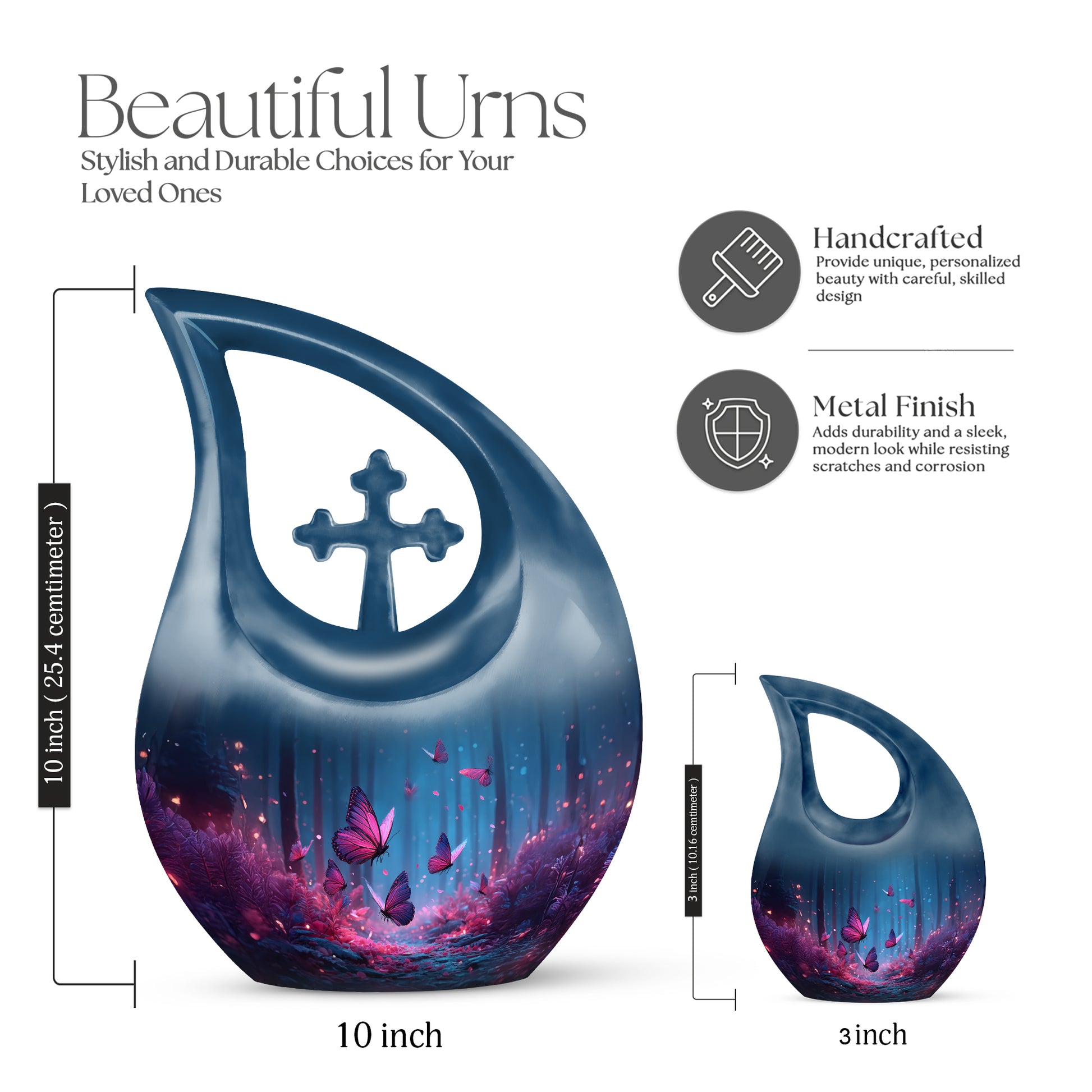 Sky Blue Butterfly Cremation Urn back view with polished surface - cross and butterfly combined in spiritual memorial design - mini keepsake memorial for portion of cremation ashes