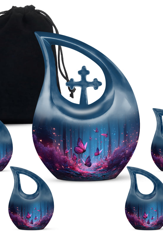 Serene Blue Butterfly Cremation Urn urn with complimentary velvet bag - faith-inspired cross-drop urn with butterfly pattern - memorial set with one large and four small urns