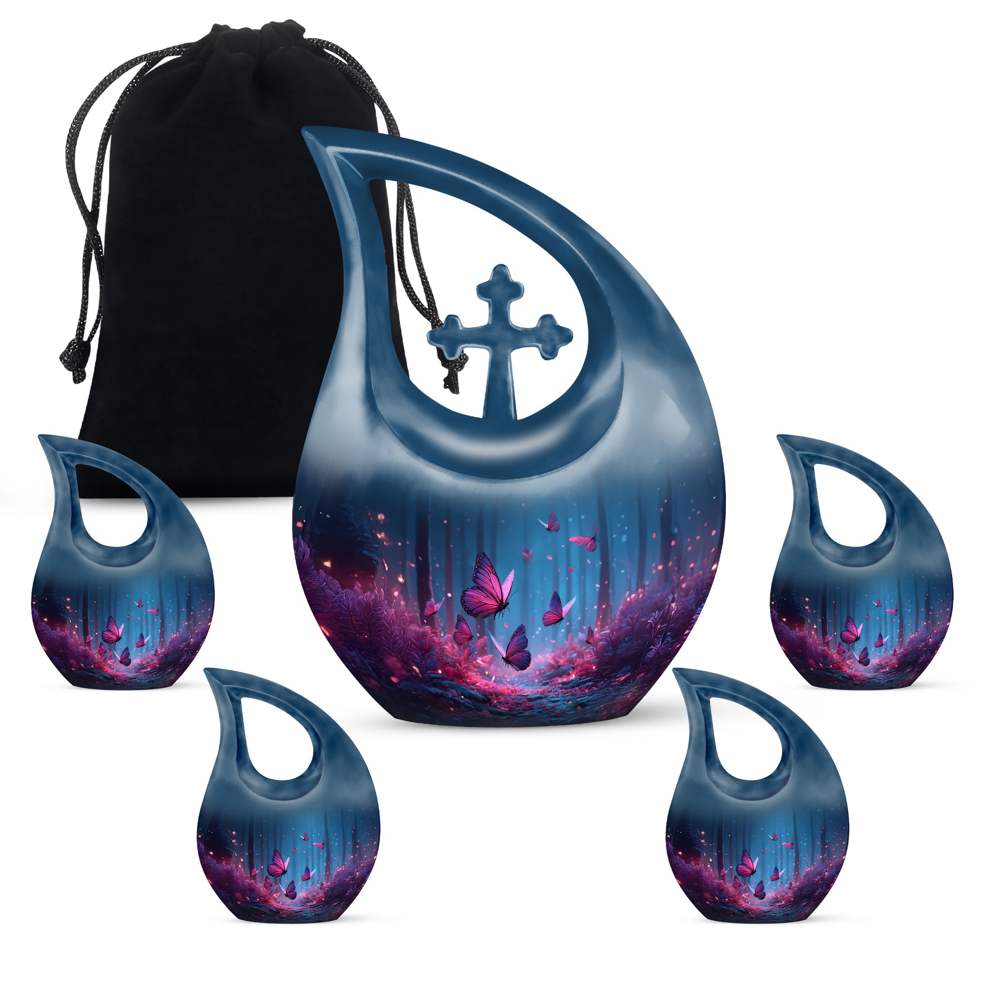 Serene Blue Butterfly Cremation Urn urn with complimentary velvet bag - faith-inspired cross-drop urn with butterfly pattern - memorial set with one large and four small urns