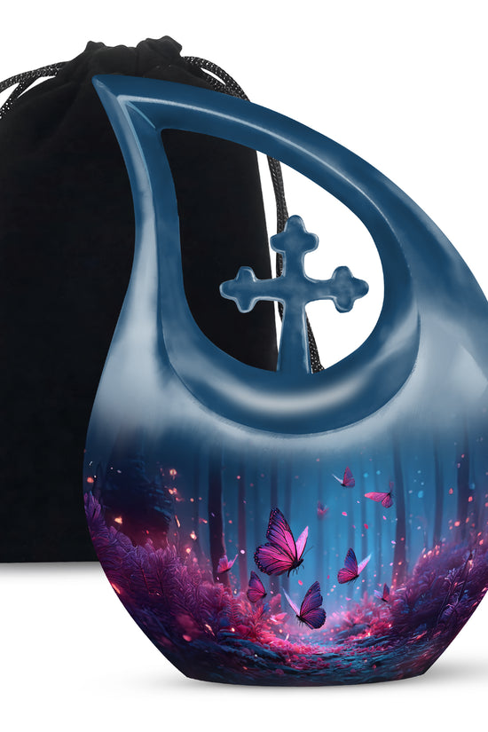 Indigo Butterfly Cremation Urn top-down view of secure threaded lid - sacred cross merged with butterfly motif on metal - full-size 10 inch 200 cubic inch adult cremation urn