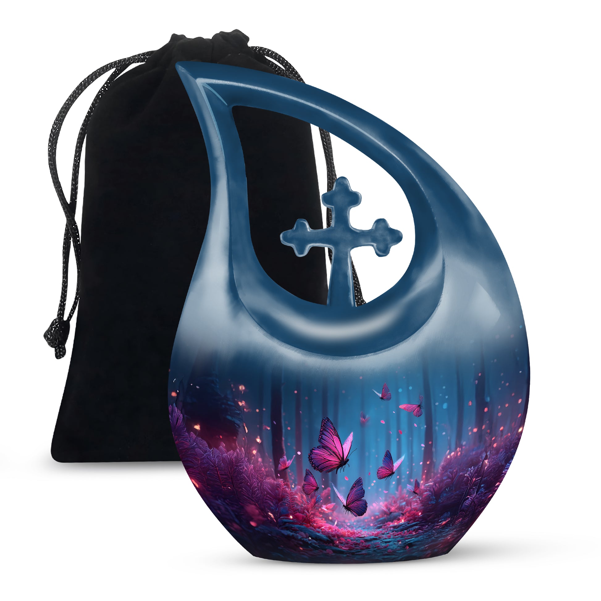 Indigo Butterfly Cremation Urn top-down view of secure threaded lid - sacred cross merged with butterfly motif on metal - full-size 10 inch 200 cubic inch adult cremation urn