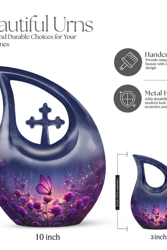 Slate Blue Butterfly Cremation Urn back view with polished surface - cross and butterfly combined in spiritual memorial design - mini keepsake memorial for portion of cremation ashes