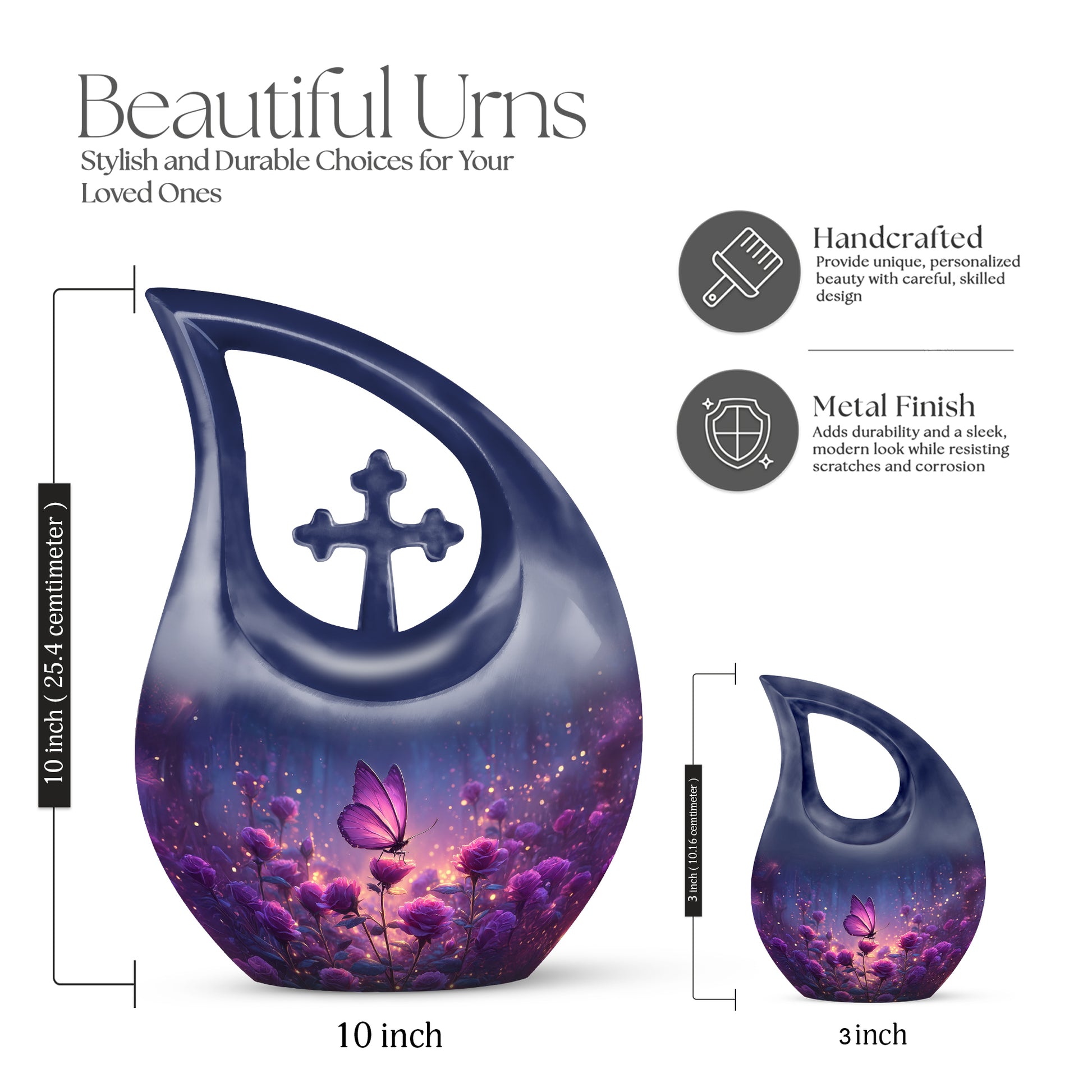 Slate Blue Butterfly Cremation Urn back view with polished surface - cross and butterfly combined in spiritual memorial design - mini keepsake memorial for portion of cremation ashes