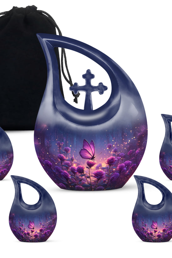 Cobalt Blue Butterfly Cremation Urn urn with complimentary velvet bag - devotional cross-drop butterfly engraving - memorial set with one large and four small urns