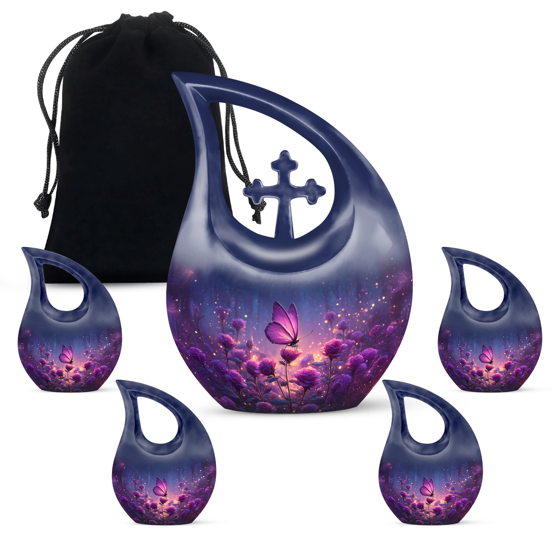 Cobalt Blue Butterfly Cremation Urn urn with complimentary velvet bag - devotional cross-drop butterfly engraving - memorial set with one large and four small urns