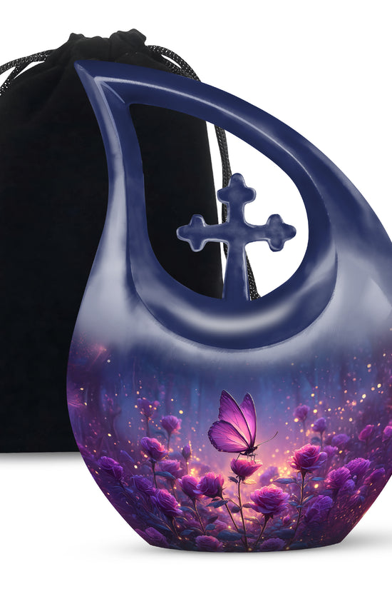 Dusty Blue Butterfly Cremation Urn top-down view of secure threaded lid - sacred cross merged with butterfly motif on metal - full-size 10 inch 200 cubic inch adult cremation urn