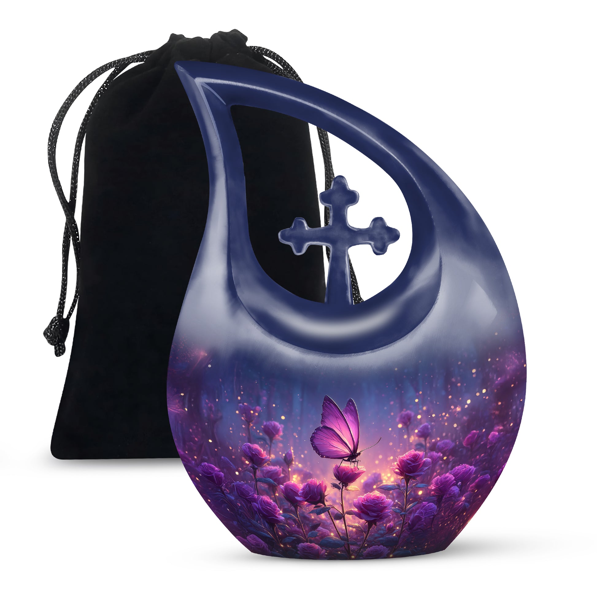 Dusty Blue Butterfly Cremation Urn top-down view of secure threaded lid - sacred cross merged with butterfly motif on metal - full-size 10 inch 200 cubic inch adult cremation urn