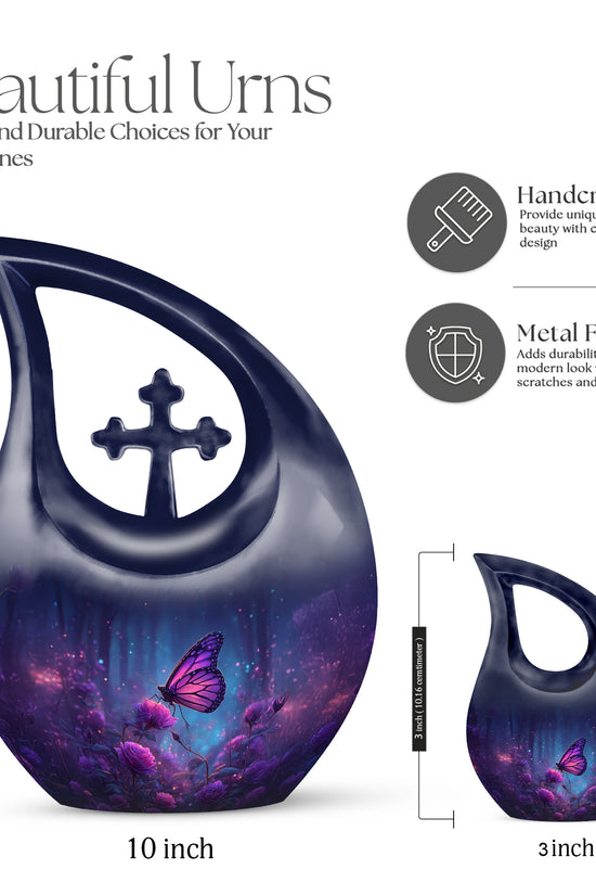Royal Blue Butterfly Cremation Urn back view with polished surface - devotional cross-drop butterfly engraving - mini keepsake memorial for portion of cremation ashes