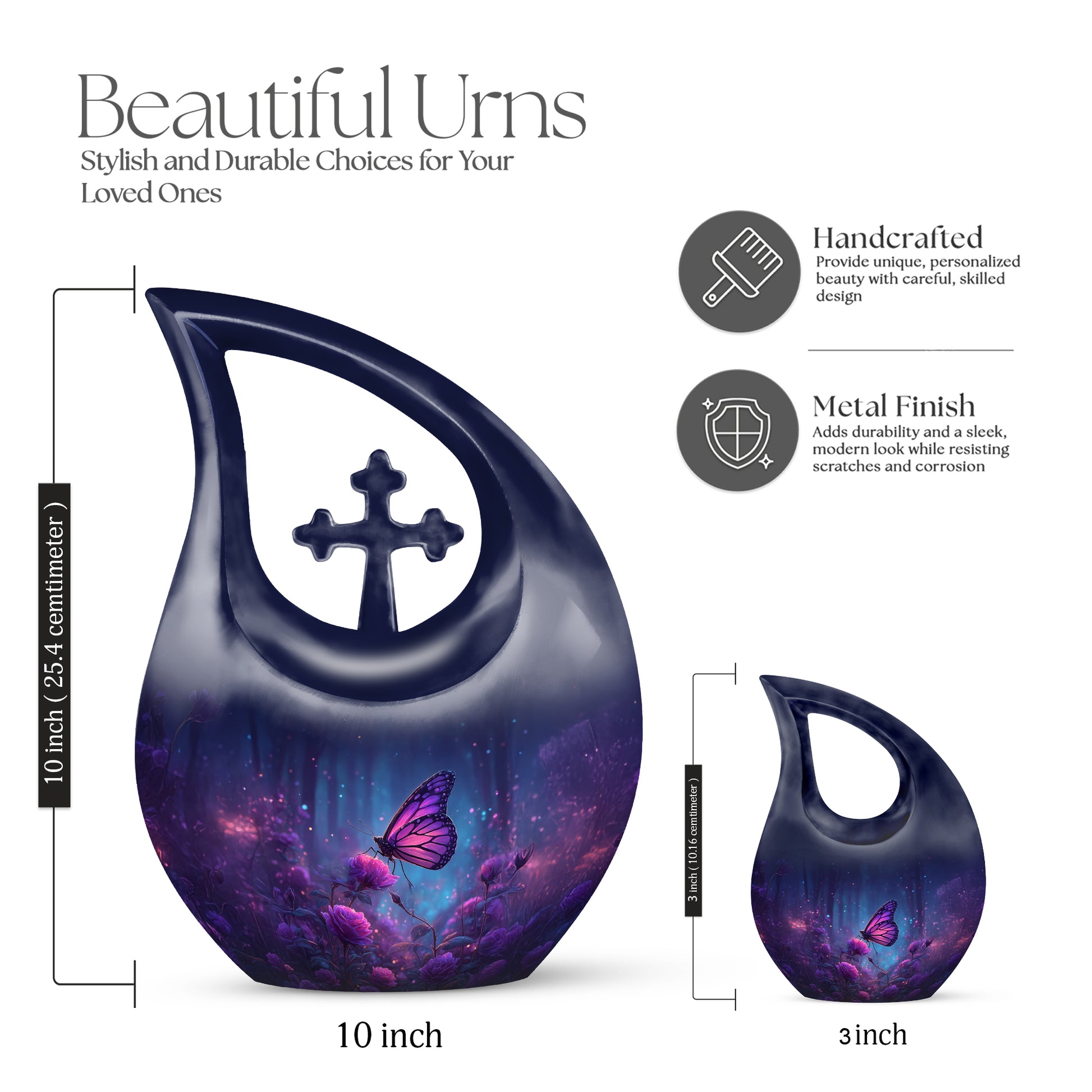 Royal Blue Butterfly Cremation Urn back view with polished surface - devotional cross-drop butterfly engraving - mini keepsake memorial for portion of cremation ashes