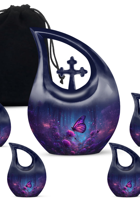 Indigo Butterfly Cremation Urn urn with complimentary velvet bag - sacred cross merged with butterfly motif on metal - memorial set with one large and four small urns