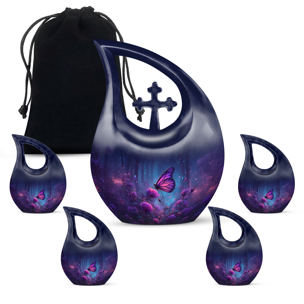 Indigo Butterfly Cremation Urn urn with complimentary velvet bag - sacred cross merged with butterfly motif on metal - memorial set with one large and four small urns