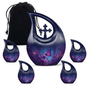 Indigo Butterfly Cremation Urn urn with complimentary velvet bag - sacred cross merged with butterfly motif on metal - memorial set with one large and four small urns