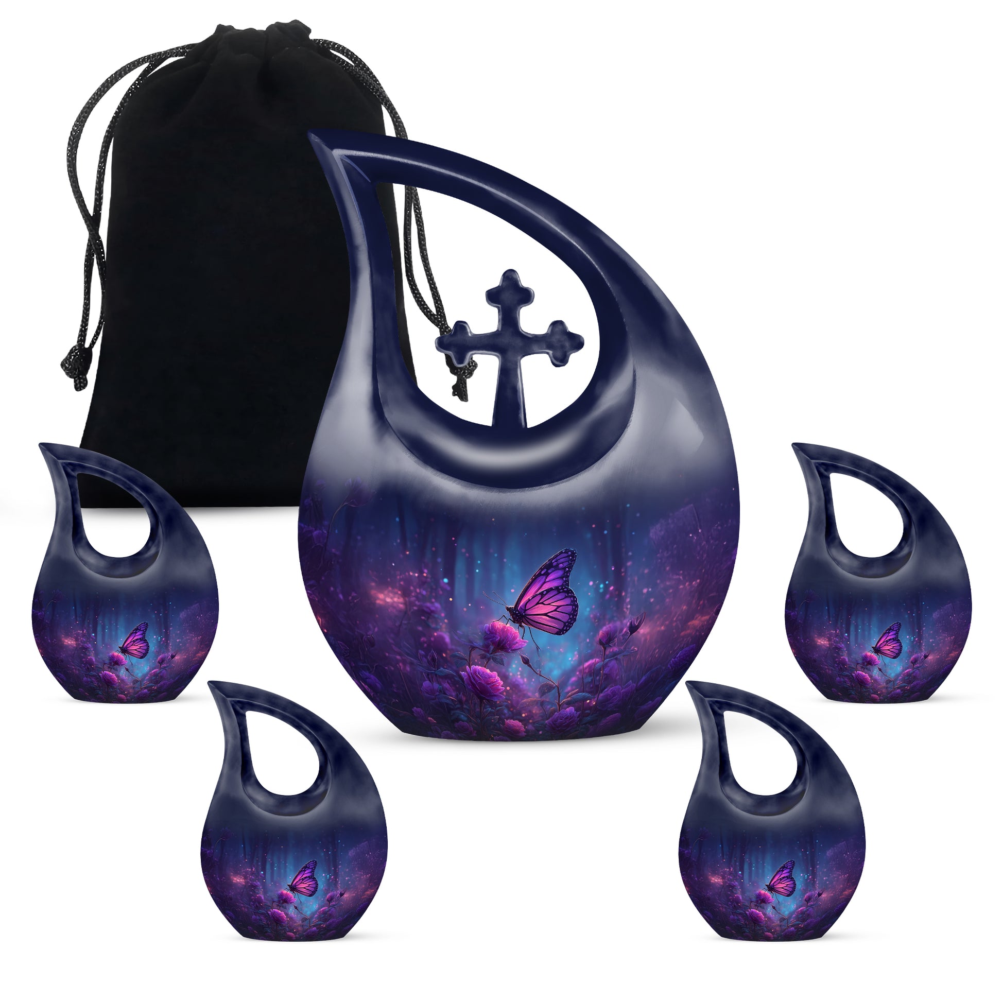 Indigo Butterfly Cremation Urn urn with complimentary velvet bag - sacred cross merged with butterfly motif on metal - memorial set with one large and four small urns
